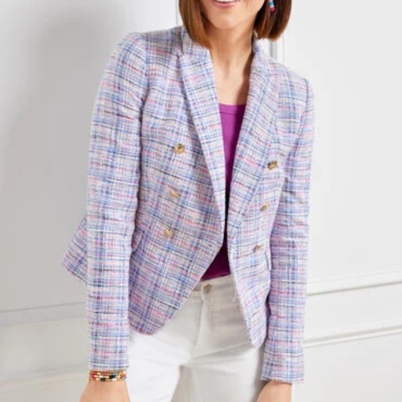 $219 NWT Talbots Multi Pink Blue White Plaid Tweed‎ Blazer Jacket Size 14 - Picture 2 of 8